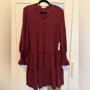 Women's Wine Red Tiered Long Sleeve Dress